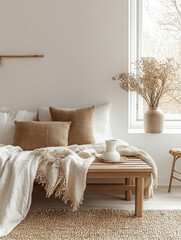 Modern Cozy Bedroom Interior Minimalistic Design Scandinavian Style Natural Light Wooden Bench Dried Flowers Textures
