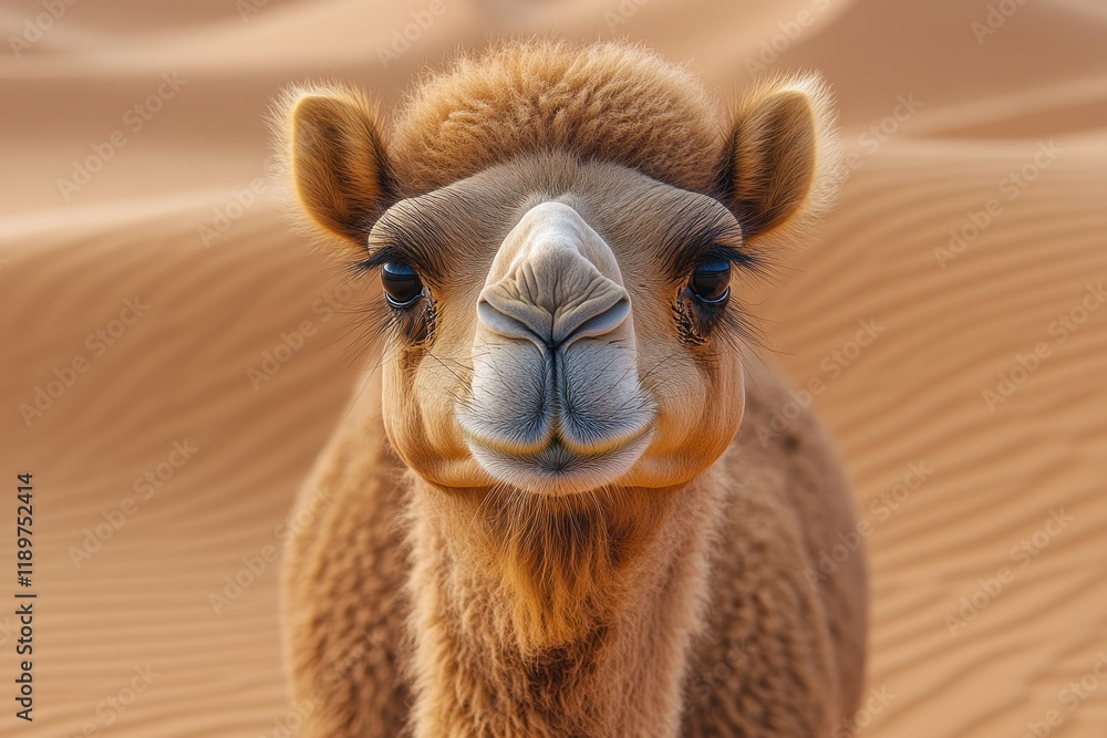 Aufkleber a close-up of a young camel with a playful expression in a desert setting.