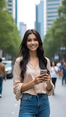 Smiling young woman holding a smartphone in an urban environment..