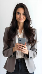 Smiling young businesswoman holding a smartphone..