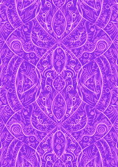 Hand-drawn abstract seamless ornament. Neon purple (proton purple) background and glowing pink pattern on it. Cloth texture. Digital artwork, A4, vertical. (pattern: p08-2d)
