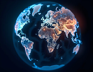 Glowing digital globe with illuminated connections across continents..