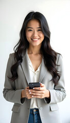Smiling young businesswoman holding a smartphone..