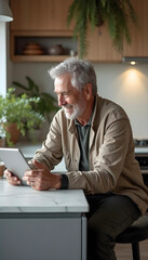 Smiling senior man using a tablet in a cozy kitchen setting..