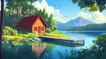 Obraz premium Serene lakeside cabin with a wooden dock and reflections in the water. Lakeshadow. Illustration