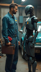 Technician examining a humanoid robot in an industrial garage..