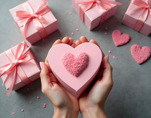 Hands Holding Pink Heart-Shaped Gift Box with Decorative Hearts and Ribboned Presents..
