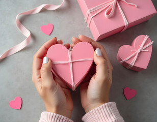 Hands Holding a Pink Heart-Shaped Gift Box with Ribbon Decoration..