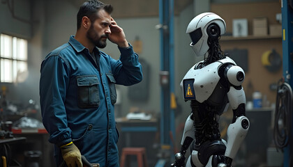 Engineer Examining Malfunctioning Humanoid Robot in WorkshopEngineer Examining Malfunctioning Humanoid Robot in W