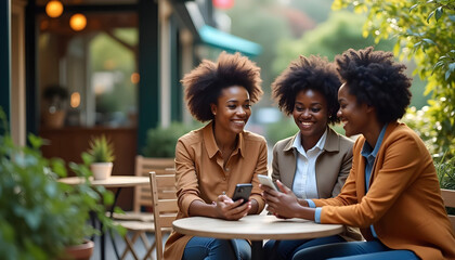 Group of Friends Smiling and Sharing Moments at an Outdoor Cafe..