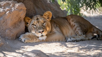 Fototapeta premium A striking portrait of a lioness resting in the shade, her eyes piercing