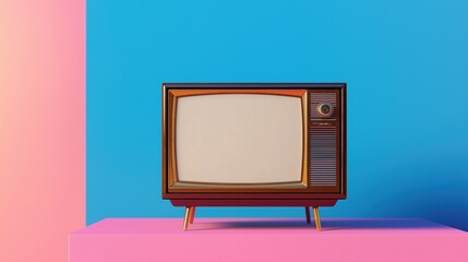 Vintage tv with blank screen sits on pink platform against blue, pink wall. Retro tech design. Minimalist style. Pastel colours. Simple decor. Stylish tech item. Nostalgic retro. Antique tv. Old