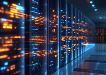 Futuristic Data Center with Server Racks and LED Lighting in Modern Technology Landscape