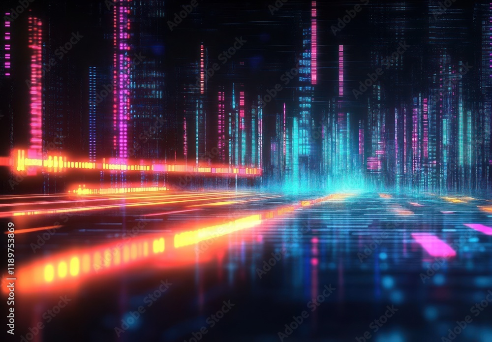 Poster cyberpunk digital artwork flowing binary code neon colors technology illustration