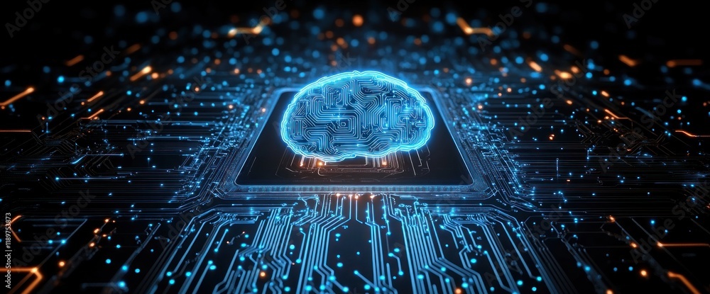 Poster futuristic glowing brain icon with blue circuit patterns digital artwork for technology and ai conce