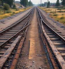 Obraz premium Railroad tracks splitting into two distinct paths, splitting tracks, parallel splitting