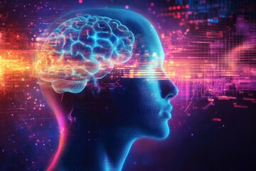 Futuristic Human Head Glowing Brain Digital Art with Ethereal Light Rays and Data Streams