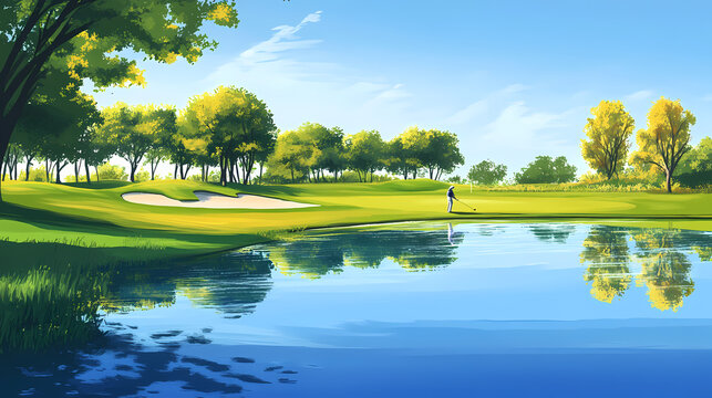 A serene lakeside golf course, the tranquil waters mirroring the golfer's graceful swing under a clear blue sky. Lakeshadow. Illustration