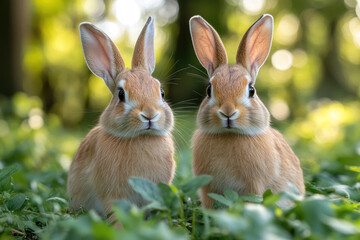 Fototapeta premium Two adorable reddish-brown rabbits sitting side by side against a backdrop of dense greenery. 