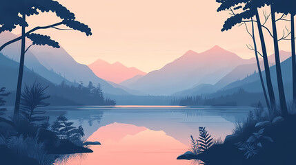A serene lakeside view surrounded by mountains. Lakeshadow. Illustration