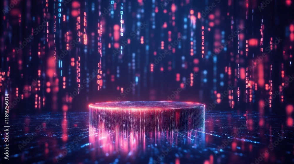 Poster futuristic digital landscape with glowing pedestal and floating binary code in cyberpunk style