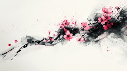 Naklejka premium A mesmerizing abstract ink art piece featuring delicate pink sakura blossoms, blending fluid ink strokes with soft floral elements to create a harmonious and serene composition.