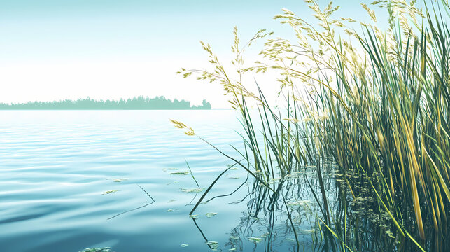 A tranquil lakeside scene, with reeds swaying gently in the breeze, highlighting the importance of preserving wetland ecosystems. Lakeshadow. Illustration