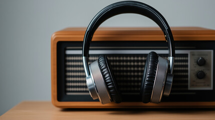 A pair of modern headphones lying on a retro radio, symbolizing the evolution of listening habits