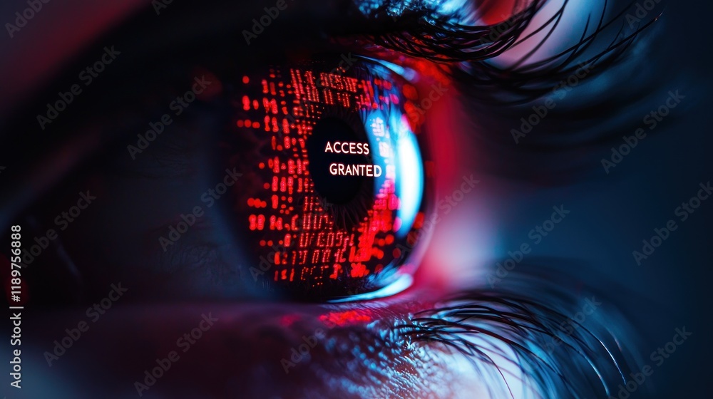 Poster digital access control technology futuristic setting eye close-up cyber environment focused view
