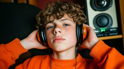 A teenager listening to a podcast through headphones, with a retro radio in the background, symbolizing changing listening habits