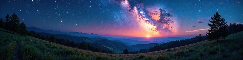 Fototapeta premium Rolling hills and landscape with Milky Way arch shining through gaps of trees at dusk, hills, night sky