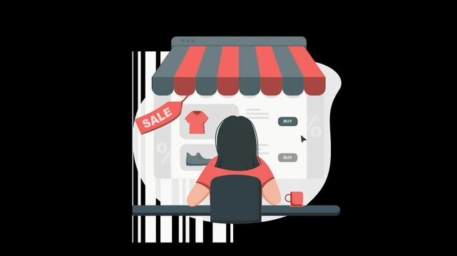 A woman shopping online at a digital storefront featuring a sale, reflecting a modern shopping experience.