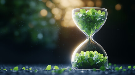 An hourglass filled with green leaves instead of sand, glowing light, futuristic background, metaphor for stopping time