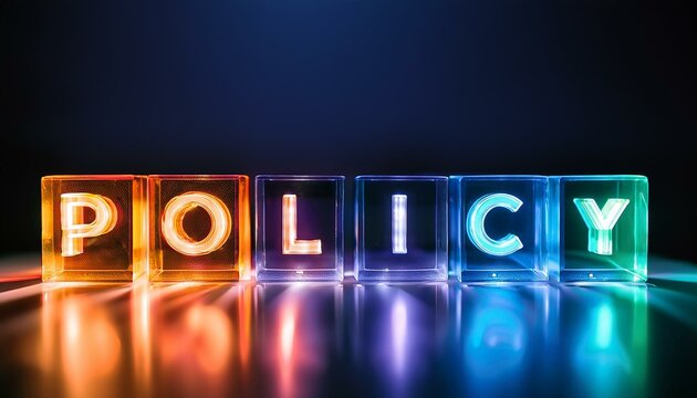 英単語のPOLICYのテキストが入った透明でカラフルな正方形のブロックキューブが横に並んでいる。aiで生成