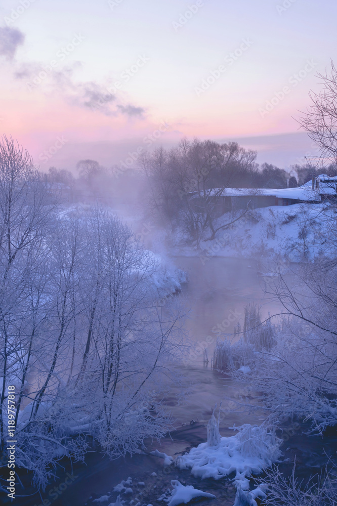 Wall mural sunrise over the river in winter