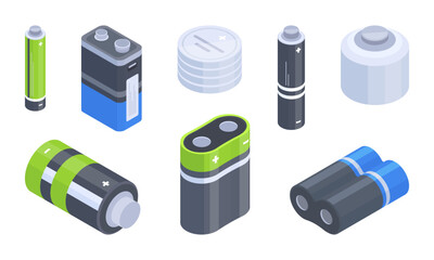 Isometric battery cell. Rechargeable alkaline accumulators, powering electronic devices, power supplies for compact devices flat vector illustration set. Various batteries on white