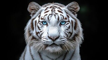 Close-up portrait of a majestic white tiger with striking blue eyes against a dark background. © RONNY