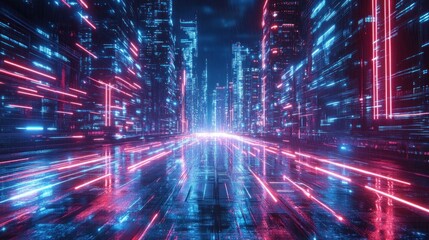 Futuristic Cyberpunk Cityscape with Neon Lights and Dynamic Motion at Night