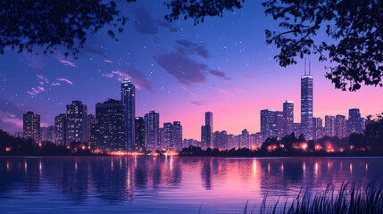 Fototapeta premium City lakeshore twilight lightscape. Lakeshadow. Illustration
