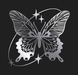 Shiny y2k butterfly. Silver abstract y2k aesthetic flying insect, butterfly silhouette with oval shapes, stars and sparkles decor flat vector illustration. Cartoon butterfly