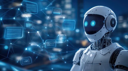 An artificial intelligence bot is depicted alongside speech bubbles, illustrating a dynamic conversation or interaction.
