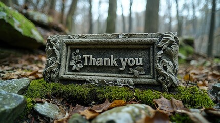 A stone plaque engraved with "Thank you," surrounded by leaves and moss in a serene forest setting.