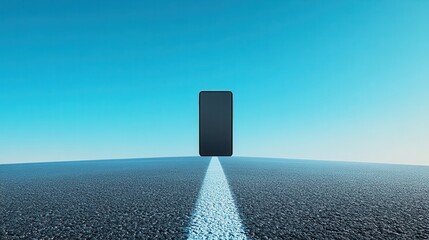 An asphalt road set against a vibrant blue background with a large, blank phone screen positioned prominently.