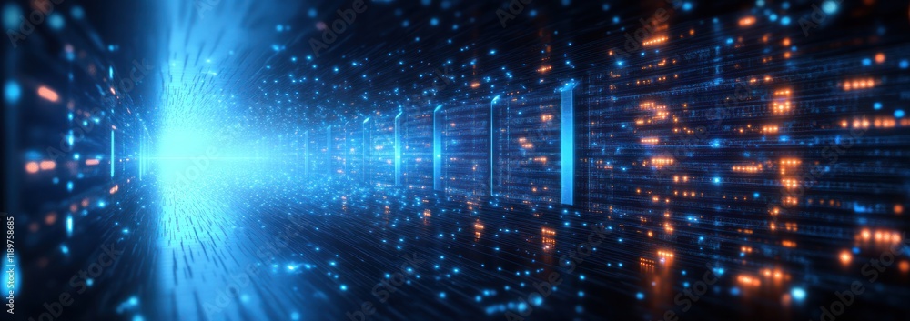 Poster futuristic data center server room with illuminated server racks digital art