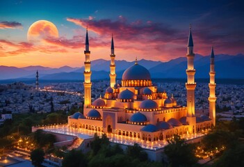 Beautiful and colorful illustration of a mosque with trees, flowers and peaceful sky, amazing, serene, tranquil, vibrant