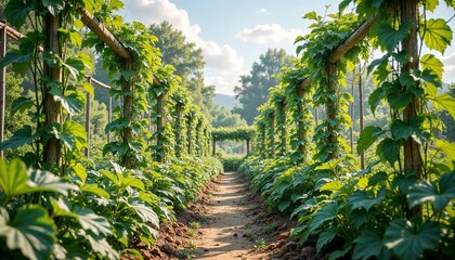 Fototapeta premium Vines of vegetable plants on trellises in a sunny vegetable garden, fresh herbs