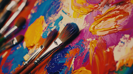 Obraz premium A vibrant art studio filled with colorful canvases, scattered brushes, and creative energy—perfect for themes of inspiration, artistic expression, and creative workspaces