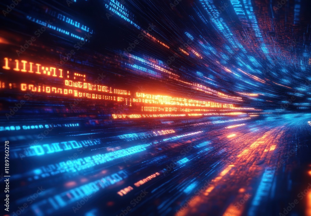 Poster futuristic cyber environment abstract code streams with vibrant neon lights