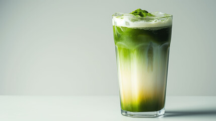 Refreshingly layered iced matcha latte served in a tall glass on a minimal white backdrop