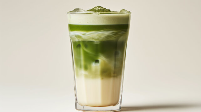 Iced matcha latte with milk layers captured on a white background highlighting minimalist design and refreshing appeal